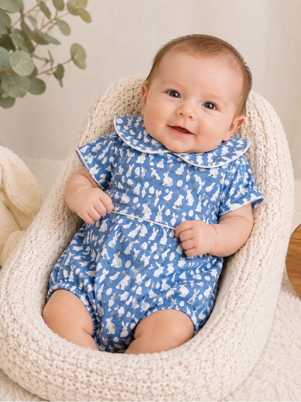 Lila + Hayes Boys 0-3M Easter Bubble Romper Blue Bunny Egg Chick Print - Picture 1 of 4
